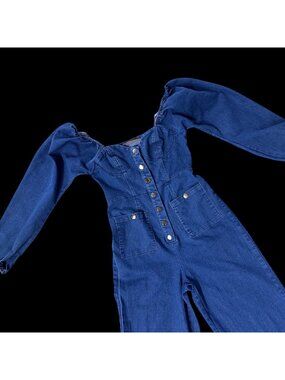 Denim Jumpsuit Puff Long Sleeve Snap Front Blue Jean Romper Pantsuit READ
